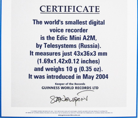 Сертификат книги рекордов Гиннесса для Edic-mini A2M